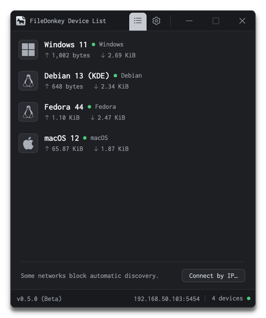 The FileDonkey device list showing a Windows 11, Debian 13, Fedora 44 and macOS 12 machine, each with its transfer totals